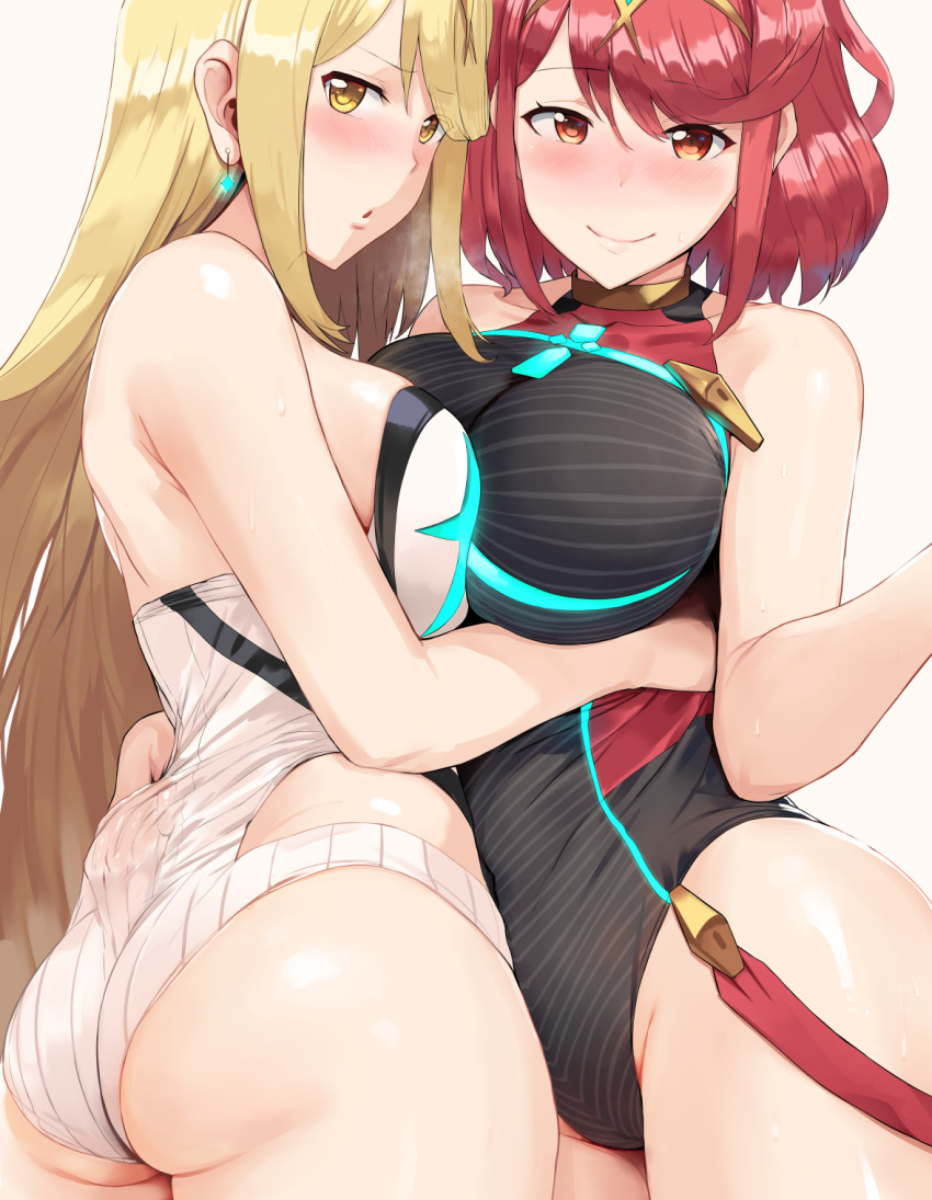 ass bangs bare_shoulders black_swimsuit blonde_hair blush breast_press breasts breath collarbone commentary covered_collarbone covered_navel earrings hand_under_clothes hand_under_swimsuit headpiece hews_hack highres hikari_(xenoblade_2) hips homura_(xenoblade_2) jewelry large_breasts long_hair looking_at_viewer multiple_girls red_eyes red_hair red_swimsuit short_hair sidelocks simple_background smile swept_bangs swimsuit symmetrical_docking tiara two-tone_swimsuit very_long_hair white_background white_swimsuit xenoblade_(series) xenoblade_2 yellow_eyes yuri