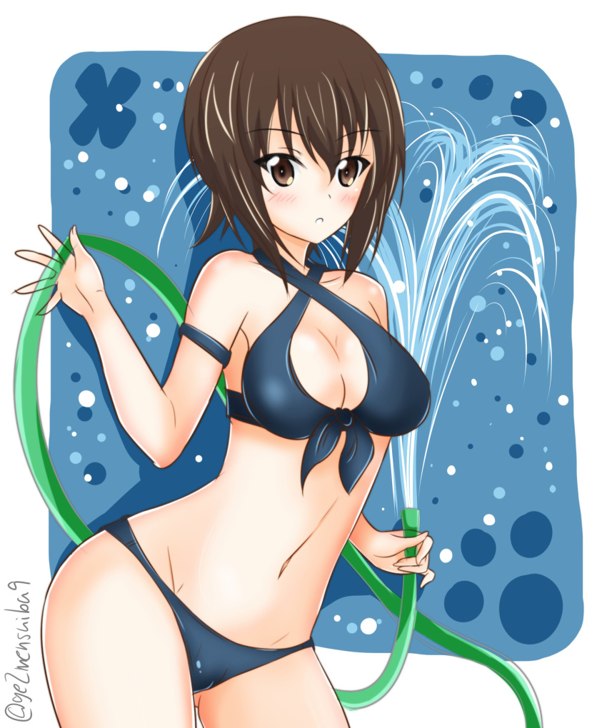 absurdres armlet ass_visible_through_thighs bangs blue_background breasts brown_eyes brown_hair cleavage commentary cowboy_shot eyebrows_visible_through_hair front-tie_bikini front-tie_top getsumen_suibaku_ver._a(c) girls_und_panzer highres holding_hose hose leaning_forward looking_at_viewer medium_breasts navel navy_blue_bikini nishizumi_maho parted_lips polka_dot polka_dot_background shadow short_hair solo standing thighs transparent twitter_username water