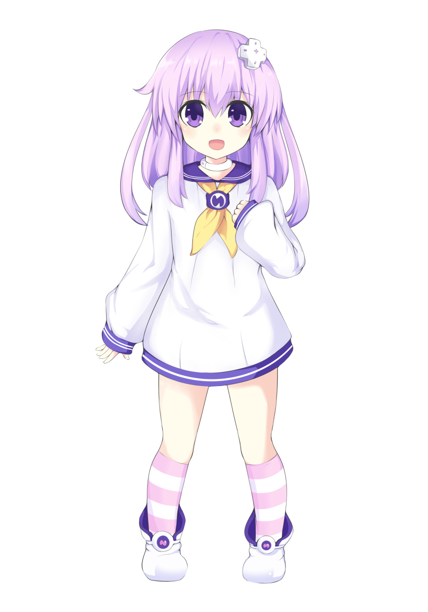 absurdres blush child choker d-pad d-pad_hair_ornament eyebrows_visible_through_hair full_body hair_ornament highres horizontal_stripes long_hair long_sleeves looking_at_viewer nepgear neptune_(series) open_mouth oyat purple_eyes purple_hair sailor_collar smile solo striped striped_legwear white_background younger