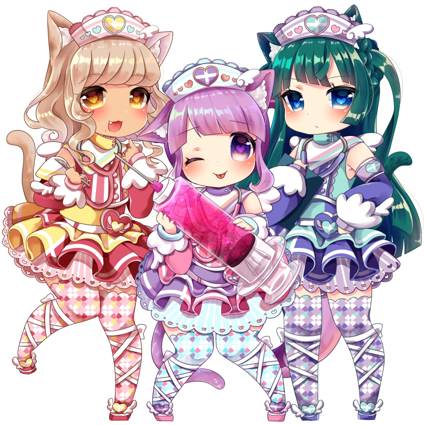 :3 :d ;p animal_ears bangs blue_eyes blue_legwear blue_shirt blush brown_eyes brown_legwear cat_ears cat_girl cat_tail character_request chibi chiitamu closed_mouth commentary_request eyebrows_visible_through_hair fang green_hair hand_on_hip hat heart heart-shaped_pupils highres holding holding_syringe kemonomimi_mode large_syringe light_brown_hair long_hair long_sleeves multicolored multicolored_clothes multiple_girls nurse_cap one_eye_closed open_mouth oversized_object pink_footwear pink_legwear pretty_(series) pripara puffy_long_sleeves puffy_sleeves purple_eyes purple_footwear purple_hair purple_skirt red_footwear scalpel shirt simple_background skirt smile standing standing_on_one_leg stethoscope striped striped_hat symbol-shaped_pupils syringe tail tail_raised thighhighs tongue tongue_out tsukikawa_chiri very_long_hair white_background yellow_skirt