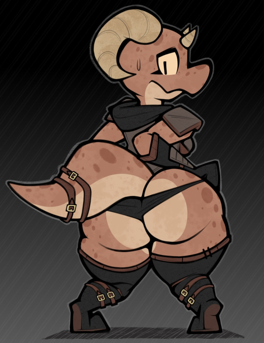 aimbot-jones belt big_butt boots butt clothed clothing female footwear hood horn kobold panties piko scales scalie short_stack skimpy solo straps sweat thick_thighs underwear wide_hips