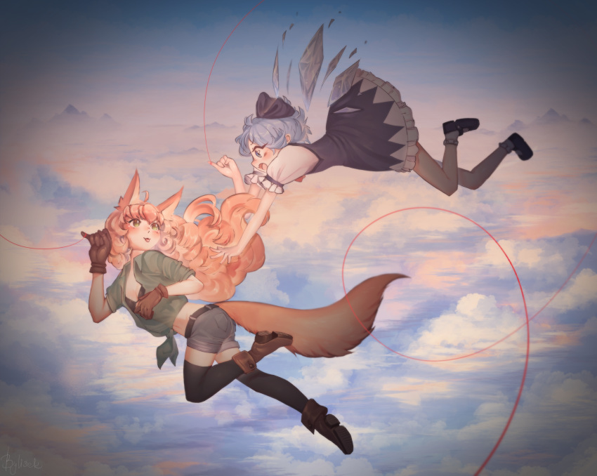 :p above_clouds ahoge animal_ears ankle_boots arm_garter artist_name belt black_footwear black_legwear blue_bow blue_eyes blue_hair blurry blush bobby_socks boots bow breasts brown_footwear brown_gloves cirno cloud cloudy_sky commentary curly_hair day dress fang floating_hair flying fox fox_ears fox_tail frilled_dress frills full_body gloves green_eyes hair_bow hands_up highres ice ice_wings kitsu_(user_aedc3374) leg_up long_hair looking_at_another mary_janes midriff mountain multiple_girls navel open_clothes open_mouth open_shirt orange_hair original outdoors outstretched_arm profile puffy_sleeves reaching red_string shirt shoes short_hair shorts signature sky small_breasts socks string tail thighhighs tied_shirt tongue tongue_out touhou white_legwear wings