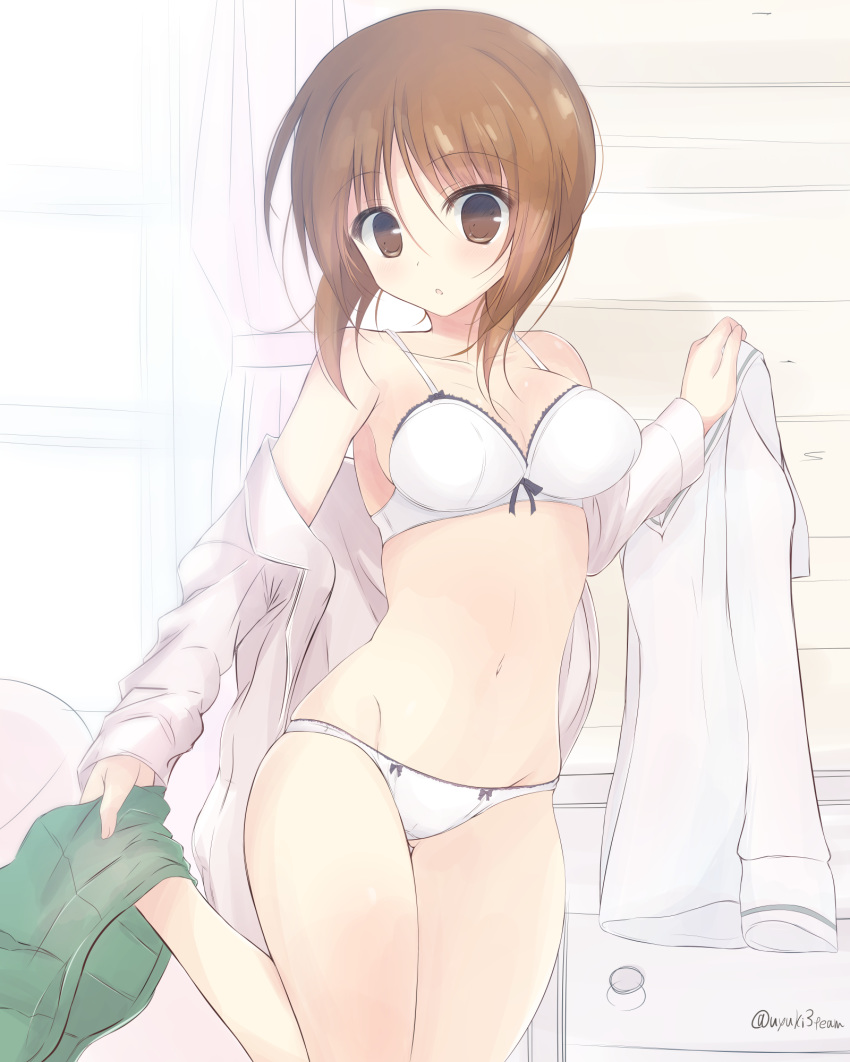 ass_visible_through_thighs bangs bedroom blouse blouse_removed bow bow_bra bow_panties bra breasts brown_eyes brown_hair chest_of_drawers cleavage commentary crotch_seam dressing eyebrows_visible_through_hair getsumen_suibaku_ver._a(c) girls_und_panzer green_skirt highres holding holding_clothes indoors leg_up long_sleeves looking_at_viewer miniskirt nishizumi_miho off_shoulder ooarai_school_uniform pajamas panties parted_lips pleated_skirt pulled_by_self school_uniform serafuku short_hair skirt skirt_pull solo standing twitter_username underwear underwear_only undressing white_blouse white_bra white_panties