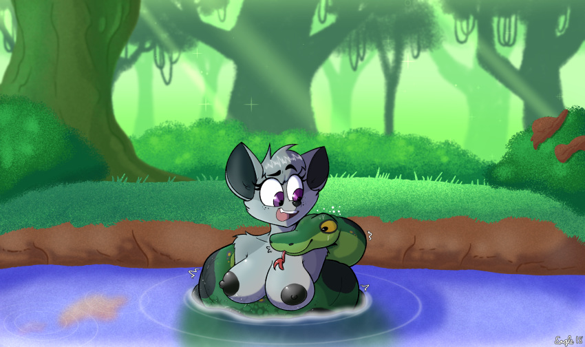 2018 anaconda anthro bath bathing big_breasts breasts canine coiling detailed_background digital_drawing_(artwork) digital_media_(artwork) duo female feral fur hi_res iamaneagle_(artist) jungle male mammal nipples nude open_mouth outside partially_submerged reptile scalie smile snake tongue tongue_out tree water wet wolf