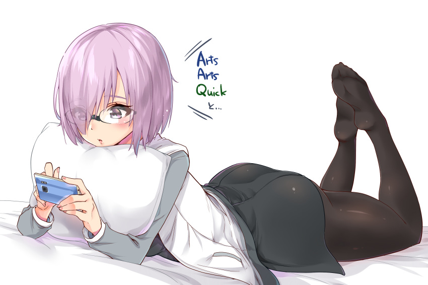 ass bed bed_sheet black-framed_eyewear black_dress black_legwear cellphone commentary_request cushion dress english eyebrows_visible_through_hair eyes_visible_through_hair fate/grand_order fate_(series) feet full_body hair_over_one_eye highres jacket lavender_hair leg_up looking_down mash_kyrielight necktie pantyhose parted_lips phone pink_lips purple_eyes red_neckwear sarfata shiny shiny_clothes short_dress short_hair simple_background smartphone soles solo white_jacket