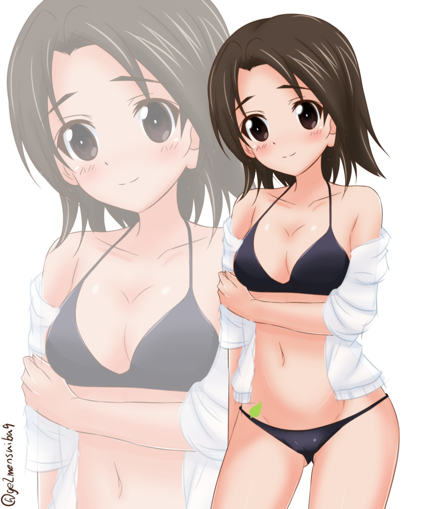 absurdres ass_visible_through_thighs bangs bikini black_bikini breasts brown_eyes brown_hair closed_mouth commentary cowboy_shot eyebrows_visible_through_hair getsumen_suibaku_ver._a(c) girls_und_panzer highres leaning_forward looking_at_viewer off_shoulder open_clothes open_shirt parted_bangs sawa_azusa see-through shirt short_hair short_sleeves small_breasts smile solo standing swimsuit twitter_username white_shirt zoom_layer