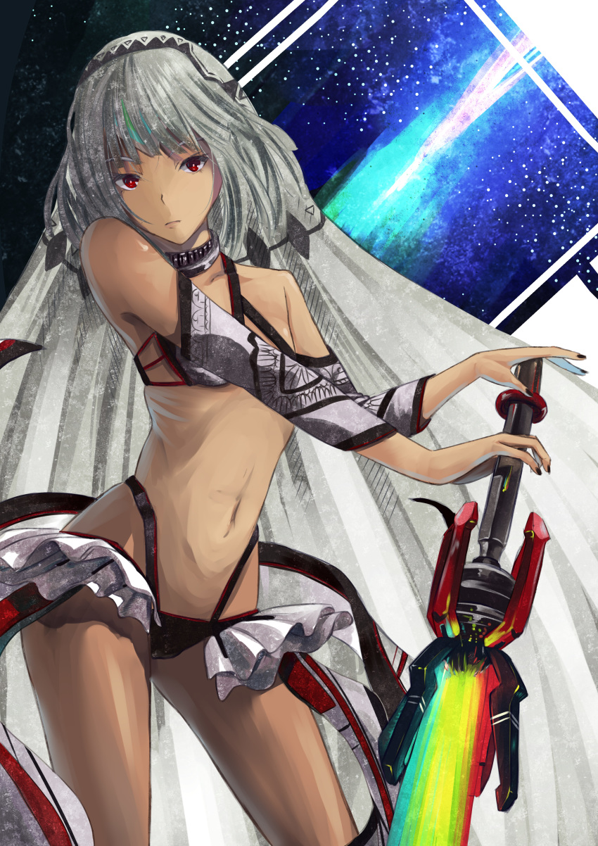 absurdres altera_(fate) bangs bare_shoulders black_nails breasts closed_mouth collarbone commentary_request dark_skin detached_sleeves fate/grand_order fate_(series) fingernails grey_hair headdress highres hips holding holding_sword holding_weapon jewelry looking_at_viewer midriff miso_oden nail_polish navel photon_ray red_eyes revealing_clothes ribs short_hair showgirl_skirt skirt small_breasts solo standing stomach sword tan thighs veil weapon white_skirt