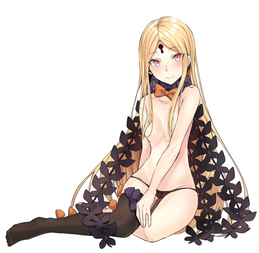 abigail_williams_(fate/grand_order) asymmetrical_legwear bangs black_bow black_legwear black_panties blonde_hair blush bow breasts closed_mouth collarbone commentary eyebrows_visible_through_hair fate/grand_order fate_(series) full_body hair_censor hair_over_breasts head_tilt keyhole long_hair looking_at_viewer mizoredama no_shoes orange_bow panties parted_bangs red_eyes simple_background single_thighhigh sitting small_breasts smile solo thighhighs topless underwear underwear_only very_long_hair white_background yokozuwari