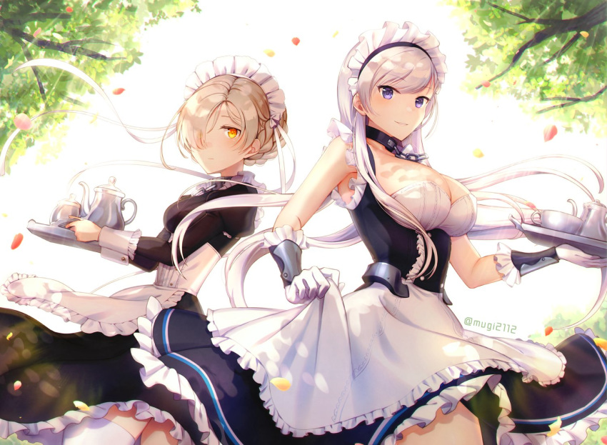 apron armpits azur_lane bangs belfast_(azur_lane) black_dress blonde_hair blue_eyes blush braid breasts chain cleavage closed_mouth collar collarbone commentary_request corset corsetman day dress dress_lift elbow_gloves eyebrows_visible_through_hair floating_hair french_braid frilled_gloves frills garter_straps gloves hair_over_one_eye holding holding_tray large_breasts lifted_by_self long_hair long_sleeves looking_at_viewer maid maid_headdress medium_breasts mugi_(iccomae) multiple_girls outdoors parted_lips petals sheffield_(azur_lane) short_hair silver_hair smile spoon teapot thighhighs thighs tray tree twitter_username white_apron white_gloves white_legwear wind yellow_eyes