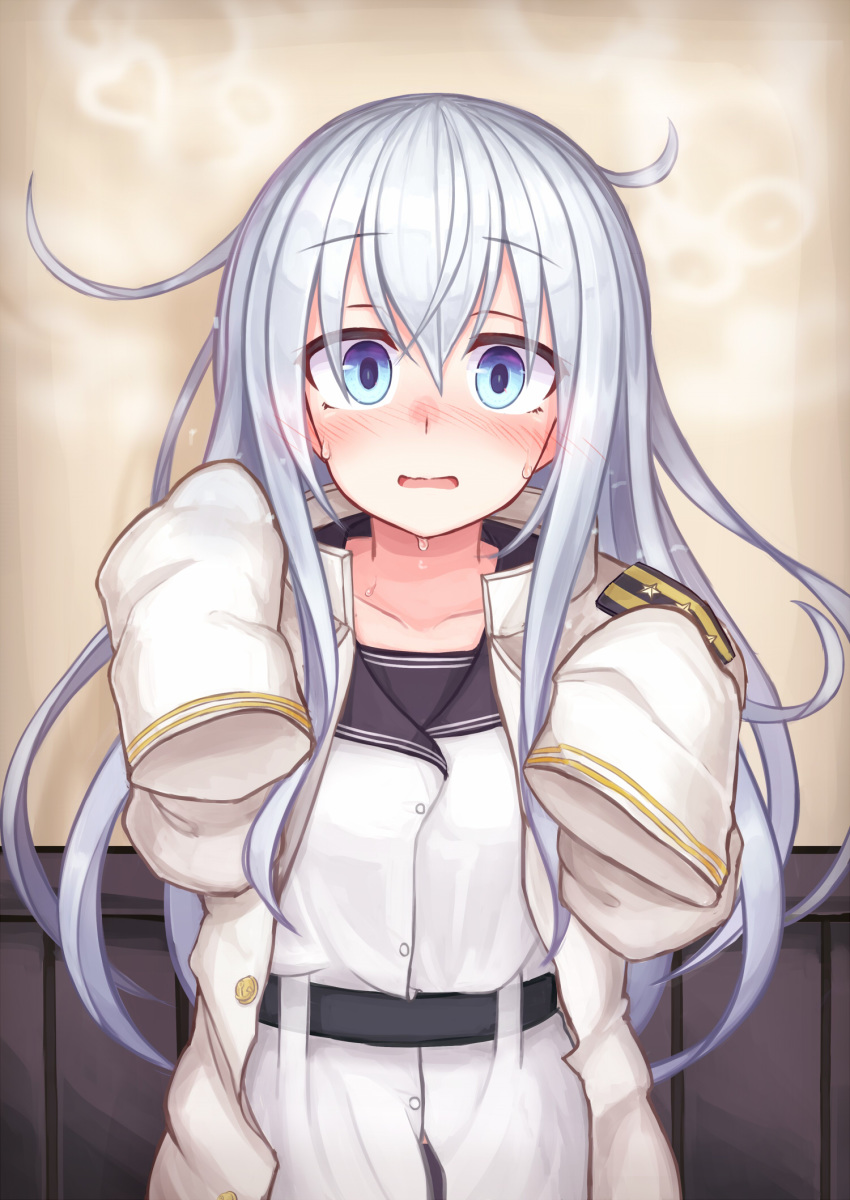 bangs belt black_belt blue_eyes blush caught commentary_request gold_trim hibiki_(kantai_collection) highres indoors kantai_collection long_hair long_sleeves looking_at_viewer military_jacket nose_blush oversized_clothes reitou_mikan school_uniform serafuku shirt silver_hair sleeves_past_fingers sleeves_past_wrists solo sweat verniy_(kantai_collection) very_long_hair wavy_mouth wide-eyed