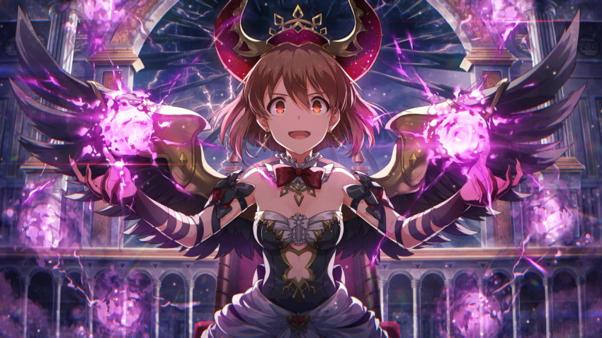 artist_request bangs bare_shoulders black_gloves black_wings bob_cut bow bowtie brown_eyes brown_hair costume crown demon_horns detached_collar dress earrings elbow_gloves fire flame gloves hagiwara_yukiho horns idolmaster idolmaster_(classic) idolmaster_million_live! idolmaster_million_live!_theater_days jewelry official_art open_mouth short_hair solo wings