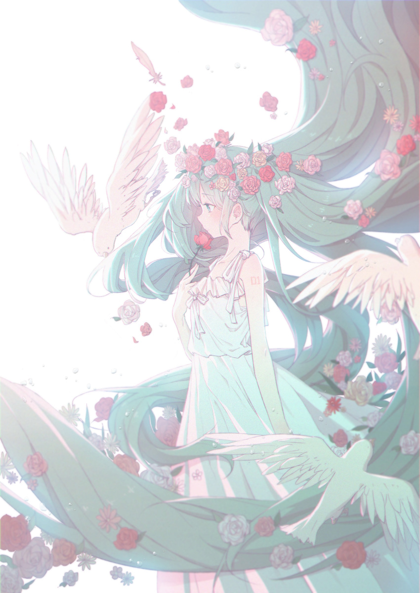 absurdly_long_hair absurdres alternate_costume animal arm_at_side bare_arms bare_shoulders bird blue_eyes blue_hair blush castanet_(ranhoujun) commentary dress english_commentary expressionless eyebrows_visible_through_hair feathers flat_chest floating_hair flower flying hair_flower hair_ornament hatsune_miku highres long_dress long_hair looking_away pink_flower pink_rose profile ribbon rose simple_background sleeveless sleeveless_dress solo very_long_hair vocaloid white_background white_dress white_ribbon