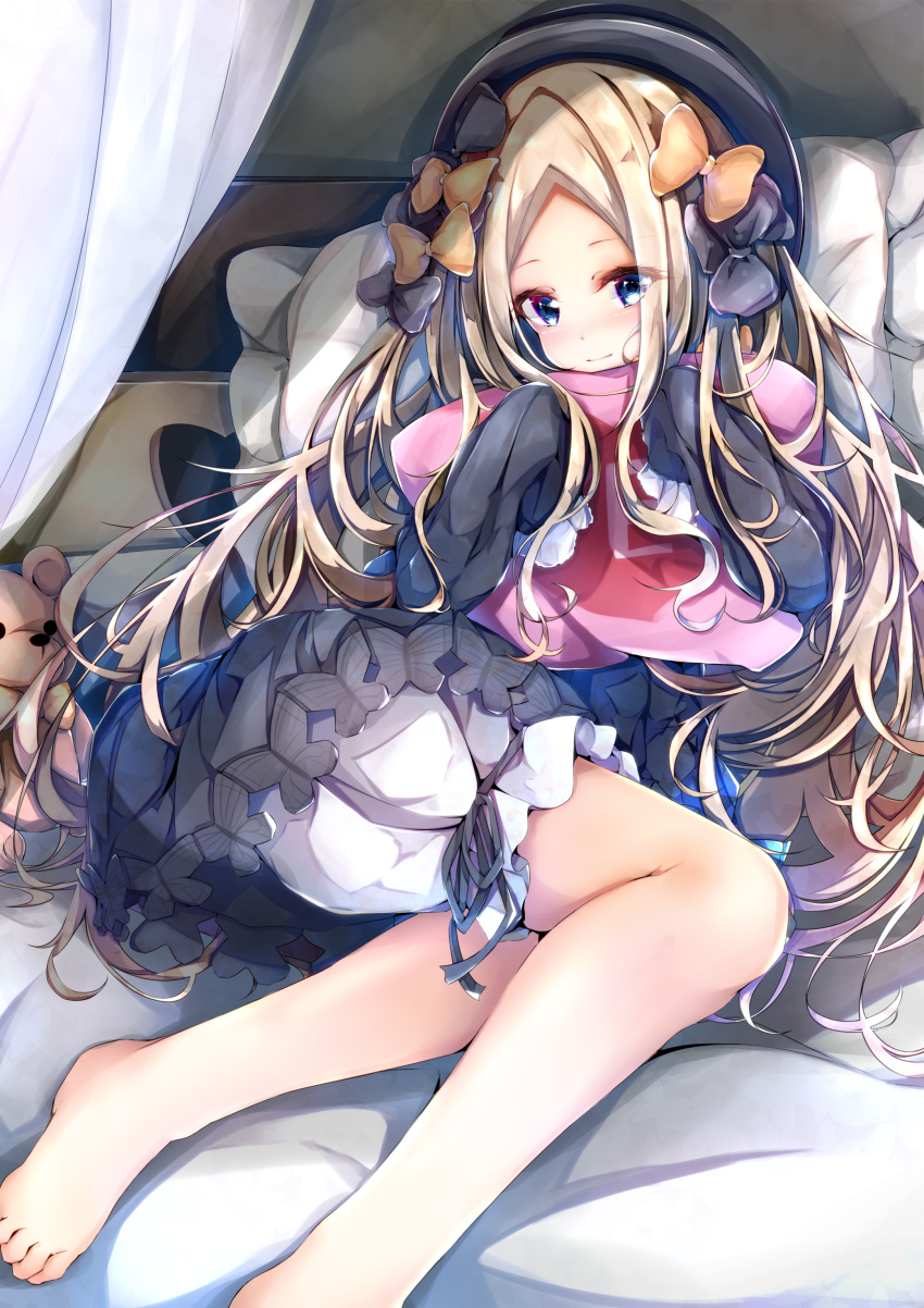 abigail_williams_(fate/grand_order) absurdres bangs barefoot bed bed_sheet black_bow black_dress black_hat blonde_hair bloomers blue_eyes bow bug butterfly canopy_bed closed_mouth comic commentary_request cucchiore dress fate/grand_order fate_(series) forehead hair_bow hands_up hat head_tilt heart highres insect light_smile long_hair long_sleeves looking_at_viewer lying on_side orange_bow parted_bangs pillow pillow_hug polka_dot polka_dot_bow sleeves_past_fingers sleeves_past_wrists solo stuffed_animal stuffed_toy teddy_bear underwear very_long_hair white_bloomers yes yes-no_pillow