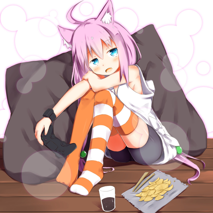ahoge animal_ears ass bangs bare_arms bare_shoulders bike_shorts black_shorts blue_eyes blush cat_ears chips chopsticks commentary controller cup drink drinking_glass eyebrows_visible_through_hair fang food game_controller hair_between_eyes hair_bobbles hair_ornament highres hinata_channel holding long_hair looking_at_viewer mismatched_legwear nekomiya_hinata no_shoes on_floor open_mouth orange_legwear pillow pink_hair potato_chips short_shorts shorts sitting solo striped striped_legwear su_guryu tank_top thighhighs very_long_hair virtual_youtuber white_background white_tank_top wooden_floor