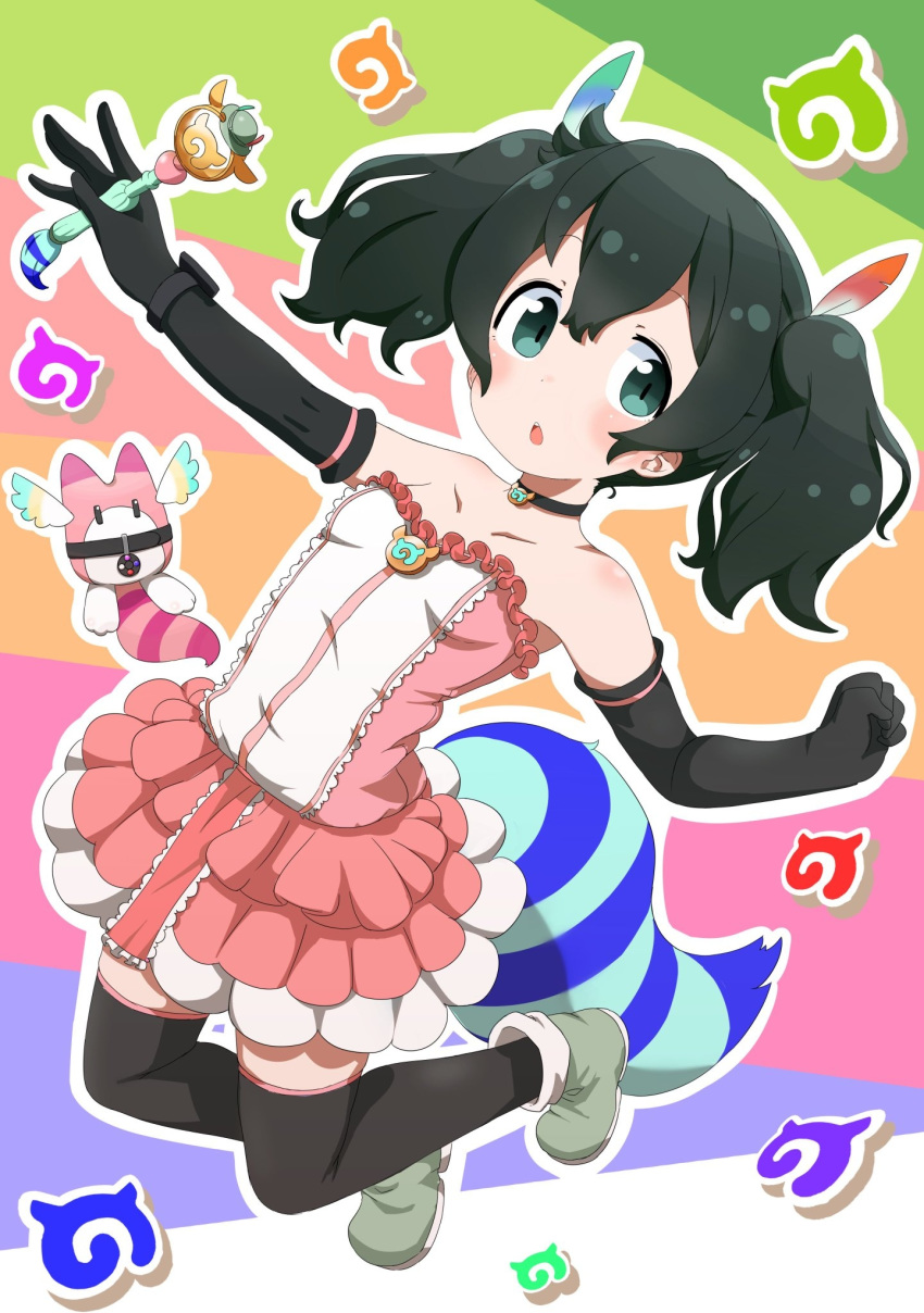 alternate_costume alternate_hairstyle bare_shoulders black_hair blue_eyes boots choker collarbone commentary_request dress elbow_gloves eyebrows_visible_through_hair feather_hair_ornament frilled_dress frills gloves highres inaba31415 japari_symbol kaban_(kemono_friends) kemono_friends lucky_beast_type_3 magical_girl short_hair strapless strapless_dress tail thighhighs twintails wand zettai_ryouiki