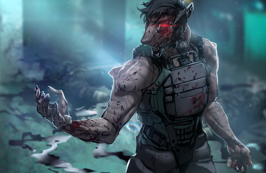 2018 5_fingers anthro armor belt black_hair blood buckles camo clothed clothing cybernetics cyberpunk cyborg detailed_background digital_media_(artwork) discardingsabot equipment fin fish glowing glowing_eyes gore hair hi_res machine male marine metal muscular muscular_male open_mouth red_eyes sabot_sauer scalie science_fiction shark solo standing straps stripes teeth thebigslick tiger_shark vest