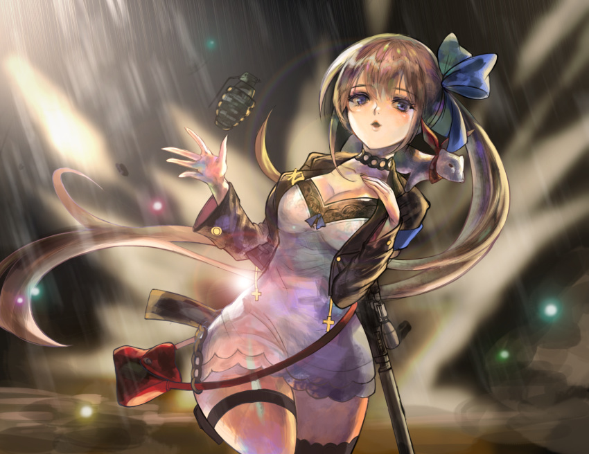ahoge assault_rifle battle_rifle black_choker black_jacket blue_bow blue_eyes bow breasts brown_hair choker cleavage commentary_request dress explosive fal_(girls_frontline) ferret fn_fal girls_frontline grenade gun hair_bow haribo_kanten highres jacket korean_commentary long_hair looking_at_viewer medium_breasts night open_mouth outdoors rain rainbow ribbon rifle shiny shiny_hair short_dress side_ponytail single_thighhigh solo thighhighs thighs very_long_hair weapon white_dress