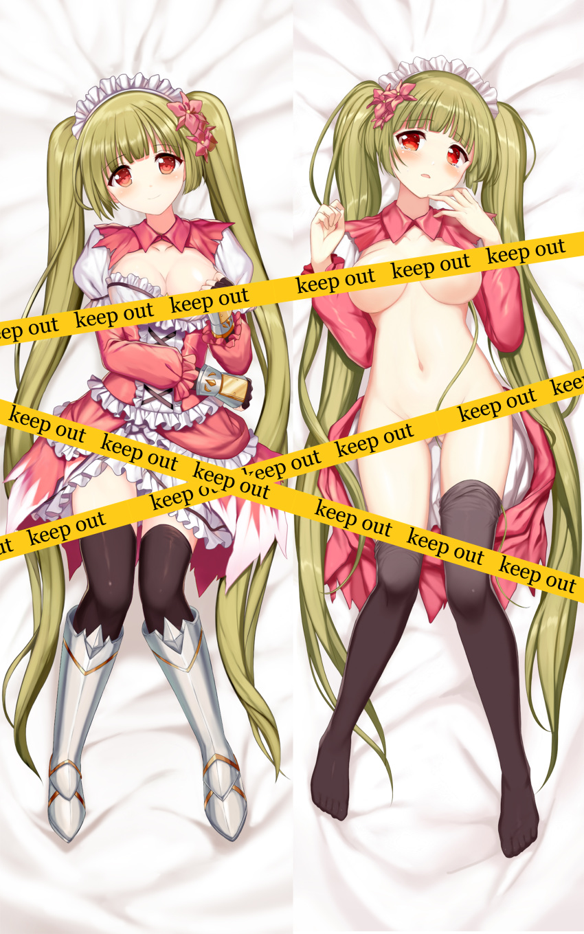 absurdres black_legwear boots breasts breasts_apart brown_hair caution_tape censored cleavage commentary_request dakimakura dendrobium_(flower_knight_girl) dress dual_persona flower flower_knight_girl frills full_body fuupu gloves hair_flower hair_ornament hairband highres keep_out knee_boots large_breasts layered_dress long_hair looking_at_viewer lying maid_headdress metal_boots multiple_girls navel nude on_back red_dress red_eyes thighhighs very_long_hair white_hairband