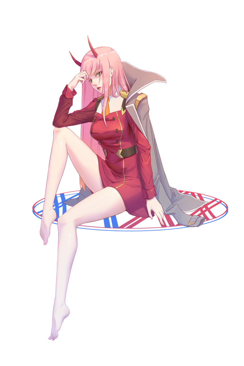 absurdres aoba_aratame_ni bare_legs barefoot darling_in_the_franxx full_body green_eyes highres horns jacket jacket_on_shoulders long_hair looking_at_viewer military military_jacket military_uniform necktie orange_neckwear pantyhose pink_hair red_horns simple_background sitting solo uniform white_background white_legwear zero_two_(darling_in_the_franxx)