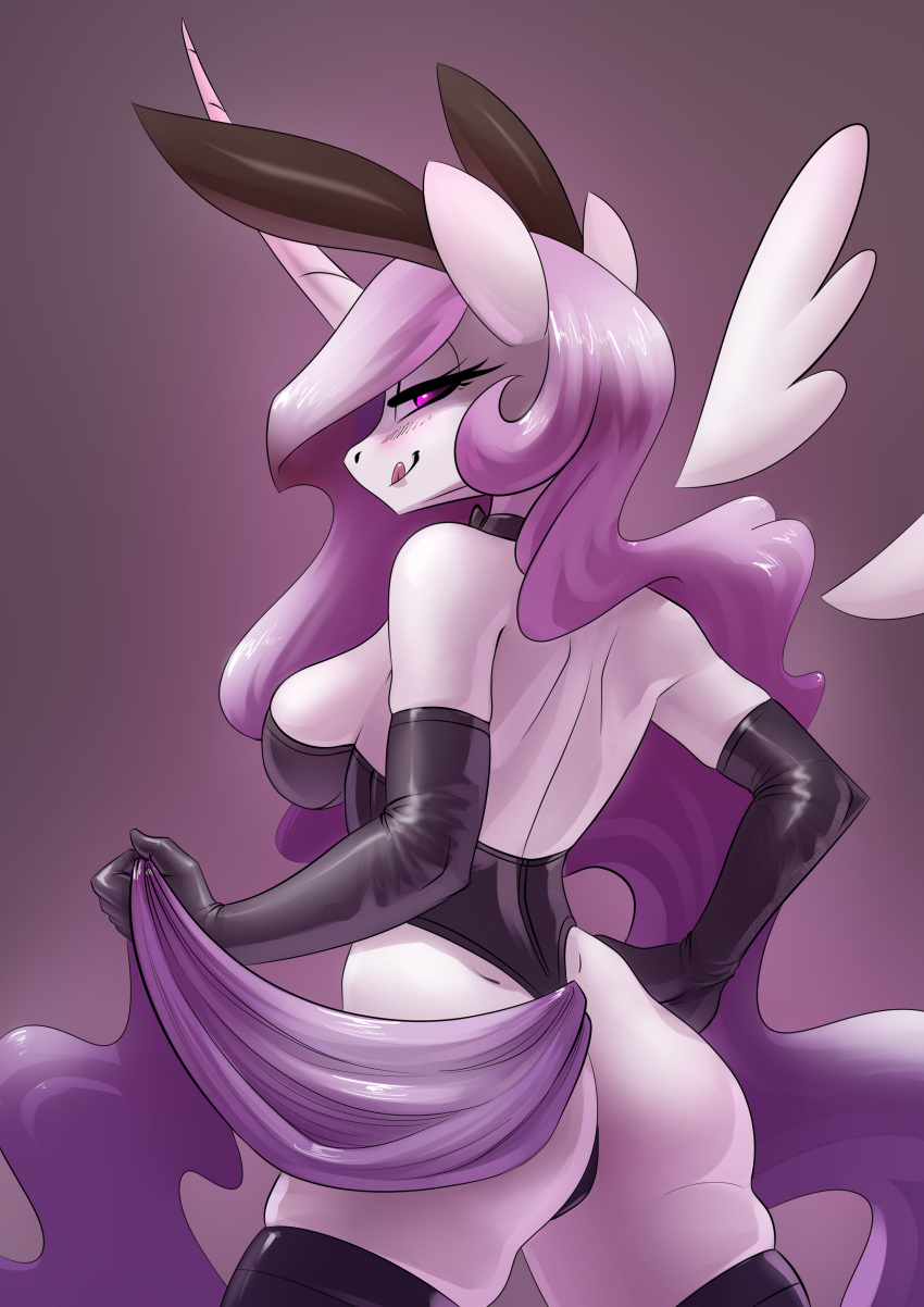 2018 anthro anthrofied armwear blush breasts butt cleavage clothed clothing corset elbow_gloves equine fan_character female friendship_is_magic gloves hair horn legwear licking licking_lips lingerie mammal my_little_pony pink_hair princess_celestia_(mlp) princess_molestia purple_eyes solo stockings tongue tongue_out underpable winged_unicorn wings