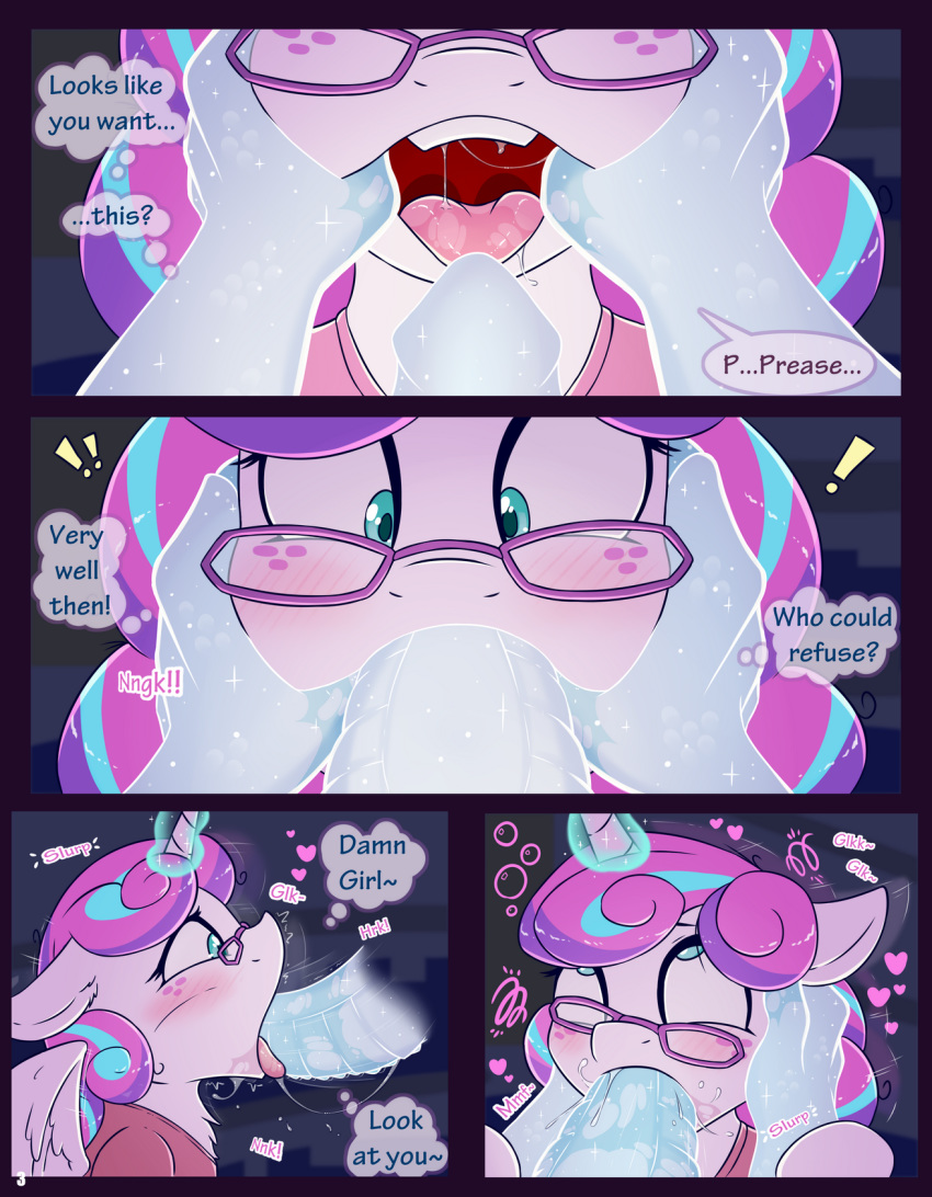 ! &lt;3 2018 aged_up clothing comic digital_media_(artwork) duo english_text equine eyewear fearingfun feathered_wings feathers female flurry_heart_(mlp) freckles friendship_is_magic glasses hi_res horn male male/female mammal my_little_pony open_mouth oral sex solo_focus text tongue tongue_out winged_unicorn wings
