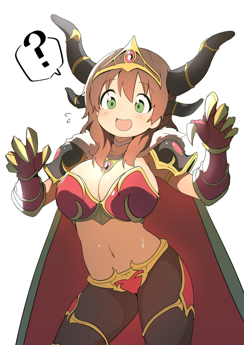 ? absurdres alexstrasza alexstrasza_(cosplay) armor blush breasts brown_hair bural_chingu choker cleavage cosplay gauntlets green_eyes ham_na-bi highres horns large_breasts long_hair looking_at_viewer luke_(dydansgur) navel open_mouth smile solo spoken_question_mark sweat warcraft world_of_warcraft