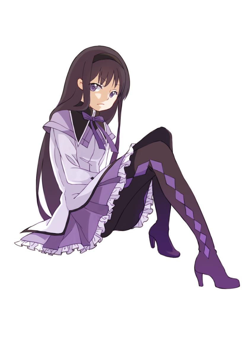 akemi_homura argyle argyle_legwear black_hair boots capelet chio_kitsune expressionless eyebrows_visible_through_hair frilled_skirt frills full_body hairband high_heel_boots high_heels highres invisible_chair long_hair long_sleeves looking_away mahou_shoujo_madoka_magica pleated_skirt purple_eyes purple_ribbon ribbon shaded_face simple_background sitting skirt solo white_background