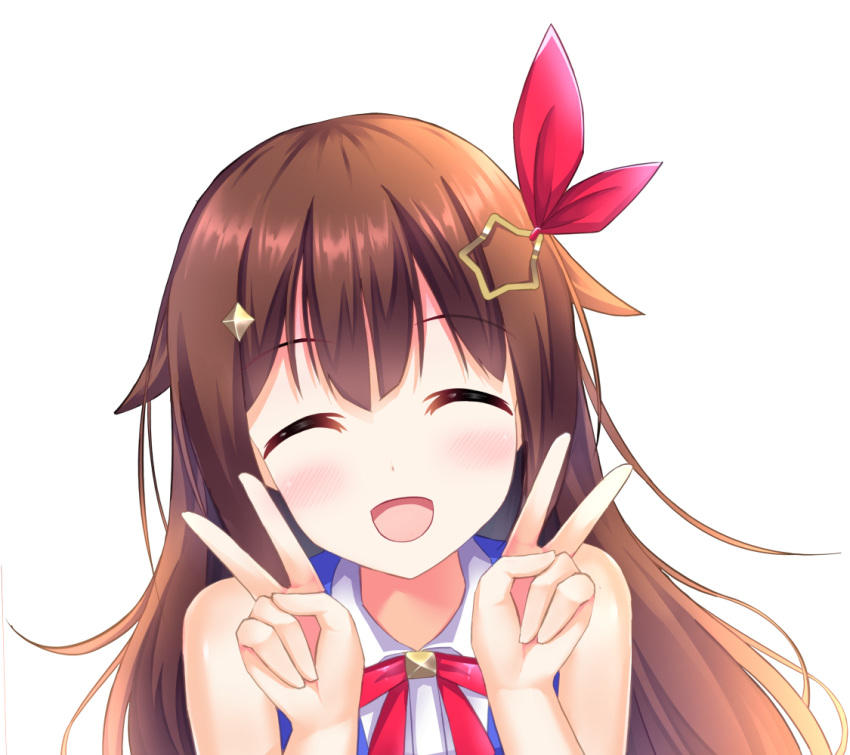 :d ^_^ blush brown_hair closed_eyes commentary_request double_v eyebrows_visible_through_hair hair_ornament hair_ribbon long_hair open_mouth red_ribbon ribbon rocky0206 simple_background sleeveless smile solo star star_hair_ornament tokino_sora tokino_sora_channel upper_body v virtual_youtuber white_background