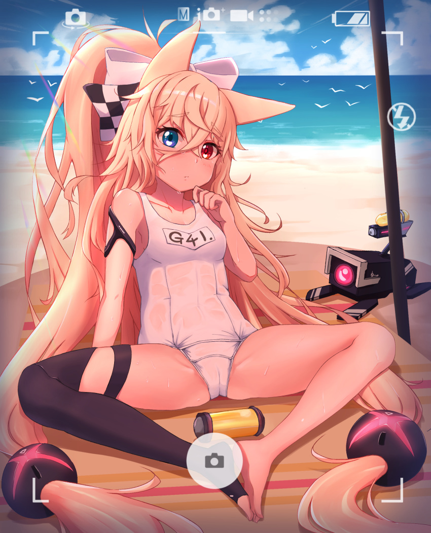 animal_ears backlighting beach bird black_legwear blonde_hair blue_eyes blue_sky blush bow breasts butterfly_sitting character_name chinese_commentary closed_mouth cloud commentary_request day eyebrows_visible_through_hair g41_(girls_frontline) girls_frontline hair_bow heterochromia highres horizon long_hair looking_at_viewer low-tied_long_hair maxdeng name_tag ocean one-piece_swimsuit outdoors phone_screen red_eyes sand school_swimsuit single_thighhigh sitting sky small_breasts solo spread_legs sweat swimsuit thighhighs twintails very_long_hair viewfinder white_bow white_school_swimsuit white_swimsuit