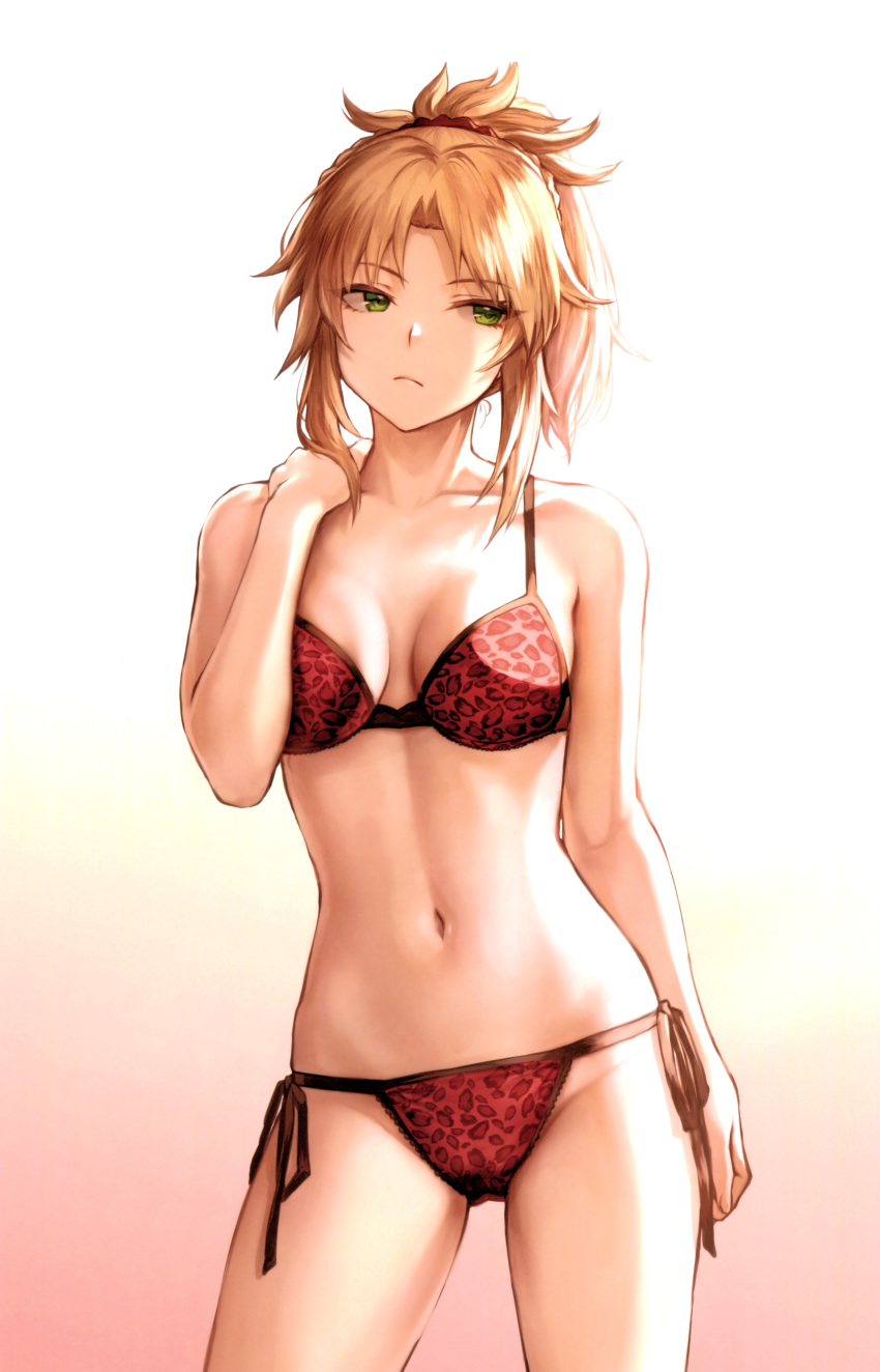 absurdres animal_print arm_at_side bare_shoulders blonde_hair bra braid breasts closed_mouth collarbone contrapposto cowboy_shot crown_braid eyebrows_visible_through_hair fate/apocrypha fate_(series) frown gradient gradient_background green_eyes hand_up highres leopard_print looking_away mashu_003 medium_breasts mordred_(fate) mordred_(fate)_(all) navel panties ponytail print_bra print_panties red_bra red_panties scan side-tie_panties sidelocks simple_background solo standing underwear