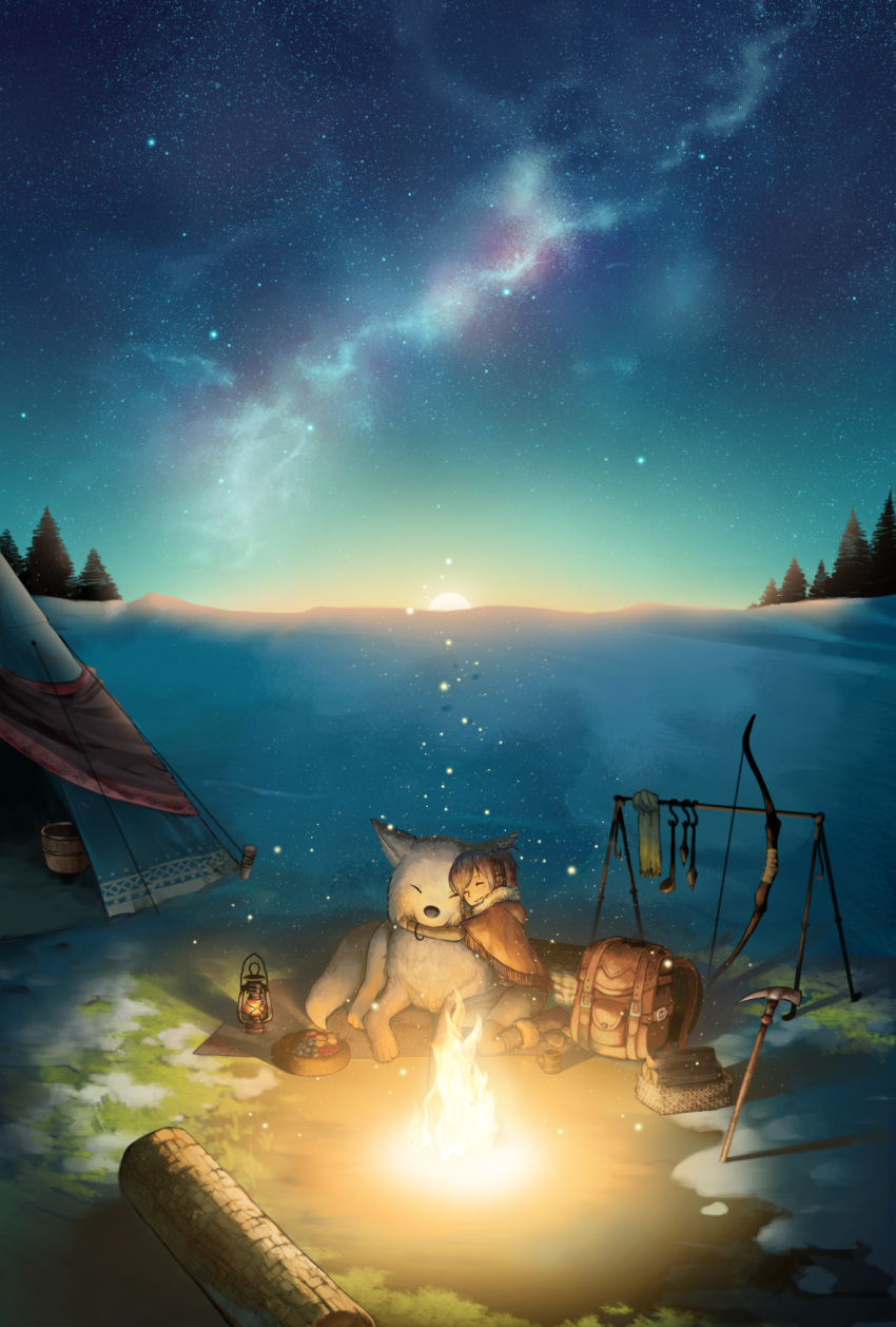 backpack bag bow camp campfire dog fire happy highres hug lantern log machika_(mukulife) outdoors sitting sky star_(sky) starry_sky sunrise tent