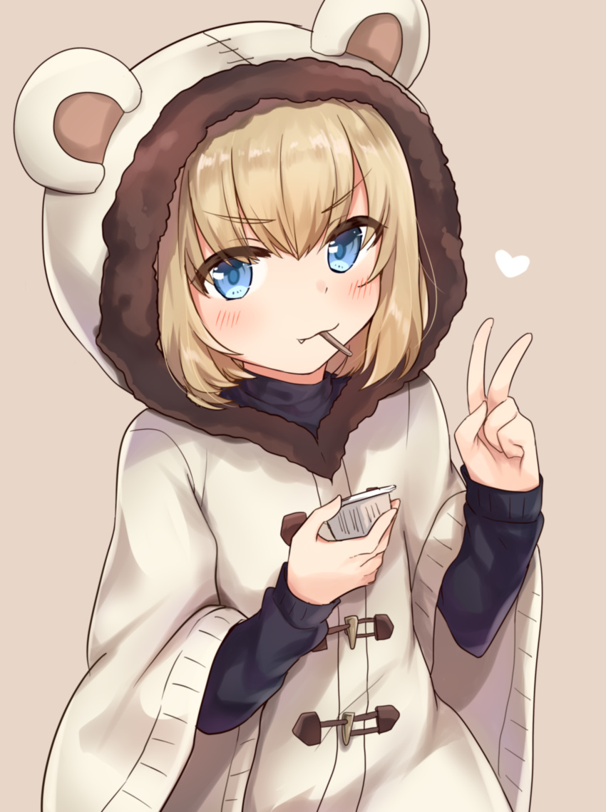 :3 absurdres animal_hood bangs bear_hood black_shirt blonde_hair blue_eyes blush brown_background brown_coat closed_mouth coat commentary eyebrows_visible_through_hair fang food girls_und_panzer hair_between_eyes heart highres holding holding_food hood hooded_coat katyusha koretsuna long_sleeves looking_at_viewer mouth_hold shirt short_hair simple_background smile solo standing upper_body v wide_sleeves