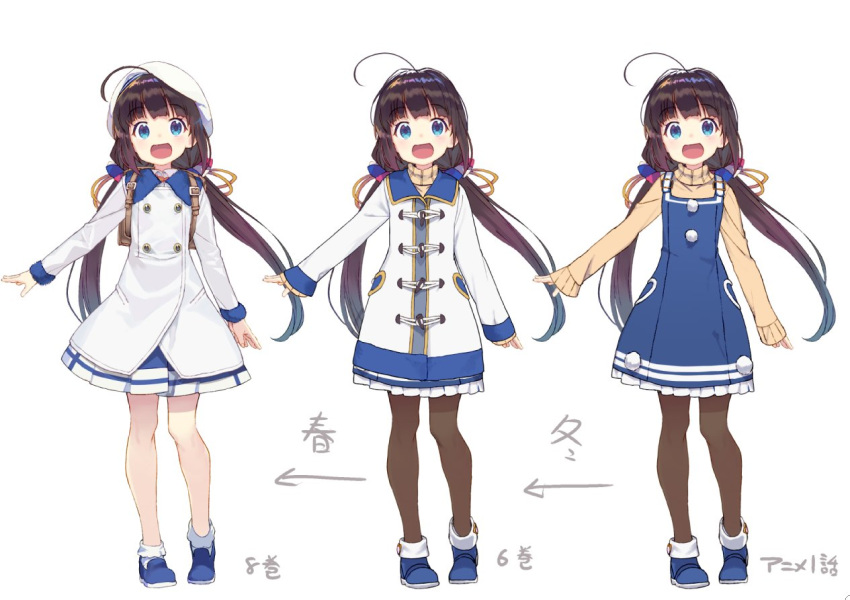 ahoge backpack bag black_legwear blue_dress blue_eyes blue_footwear brown_hair brown_sweater coat commentary_request dress hat hinatsuru_ai long_hair low_twintails multiple_views official_art open_mouth pantyhose ryuuou_no_oshigoto! shirabi shoes smile socks sweater twintails variations white_coat