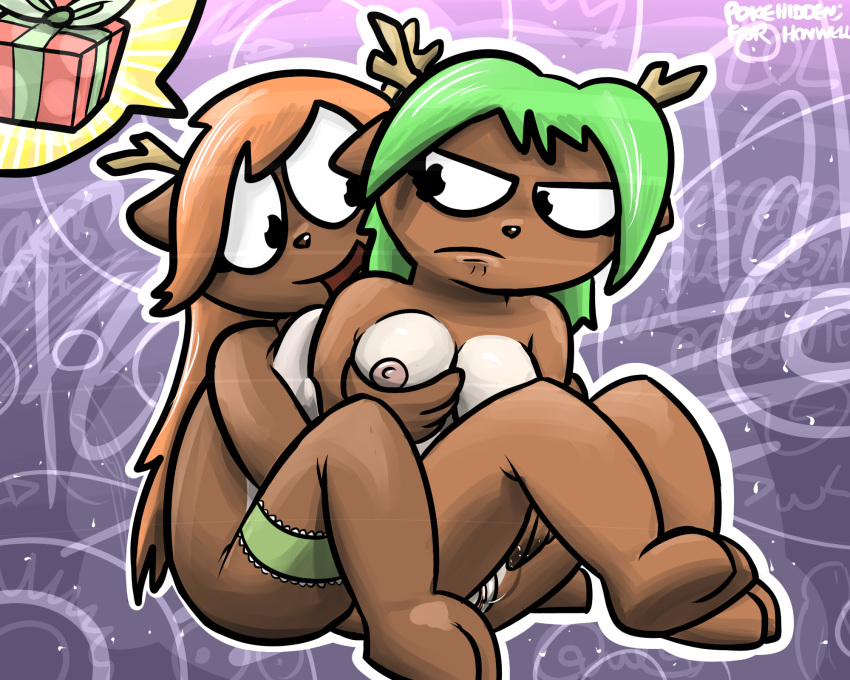 2_toes 4_fingers anthro antlers breasts brown_nose cervine duo female female/female frown gift green_hair grope hair horn long_hair mammal nipples open_mouth orange_hair pokehidden pussy sitting smile speech_bubble toes tongue