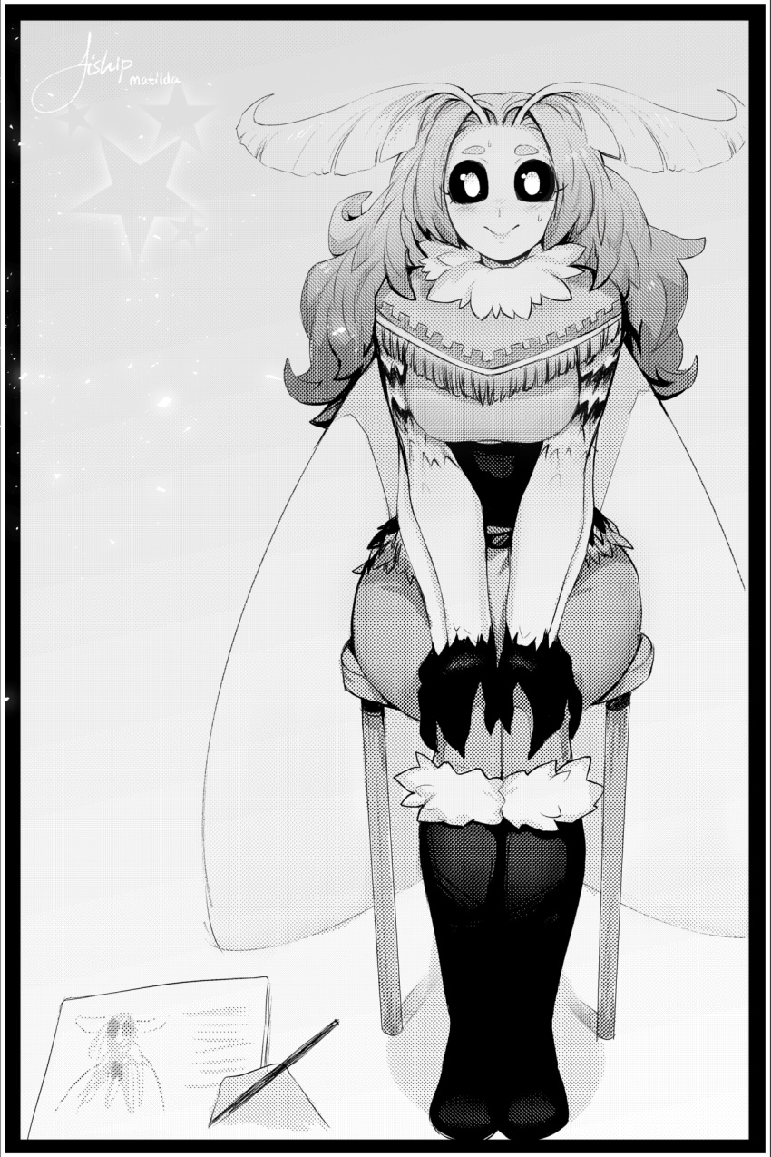 antennae artist_name black_sclera blush boots border capelet commentary english_commentary fur-trimmed_boots fur_collar fur_trim greyscale hands_on_own_knees highres knee_boots long_hair looking_at_viewer matilda_vin monochrome monster_girl moth_girl moth_wings mother_lumi original sitting smile solo star stool wings
