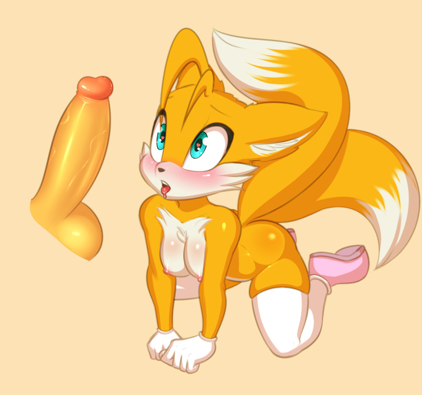 2018 anthro balls blush breasts canine clothing crossgender dipstick_tail disembodied_penis duo elzzombie female fox fur gloves hi_res humanoid_penis legwear male mammal miles_prower mostly_nude multicolored_tail nipples penis simple_background solo_focus sonic_(series) video_games white_fur yellow_fur