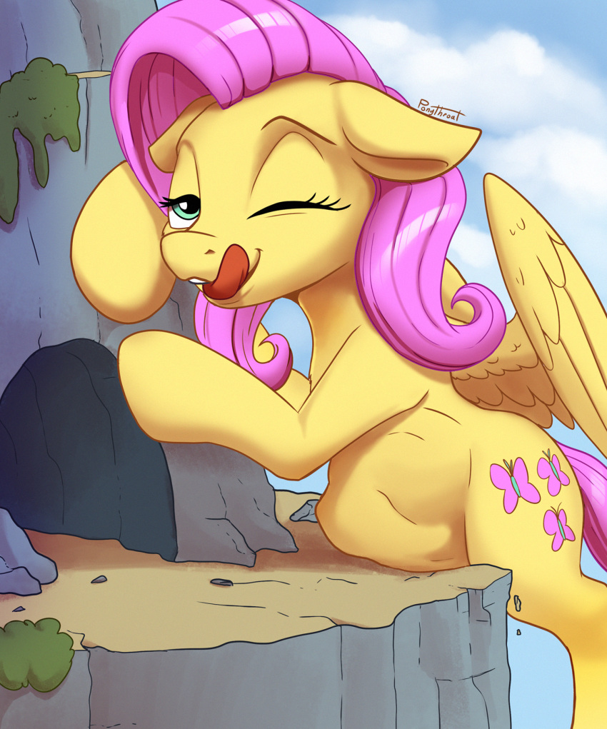 2018 cutie_mark equine feathered_wings feathers female feral fluttershy_(mlp) friendship_is_magic hi_res licking licking_lips mammal my_little_pony one_eye_closed outside pegasus ponythroat solo tongue tongue_out vore wings