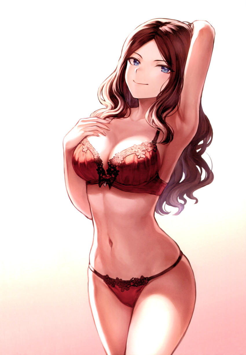 absurdres arm_up armpits bangs bare_shoulders blue_eyes bra breasts brown_hair cleavage closed_mouth collarbone fate/grand_order fate_(series) gradient gradient_background hand_on_own_chest highres hips large_breasts leonardo_da_vinci_(fate/grand_order) long_hair looking_at_viewer mashu_003 navel panties parted_bangs red_bra red_panties scan smile solo thighs underwear wavy_hair