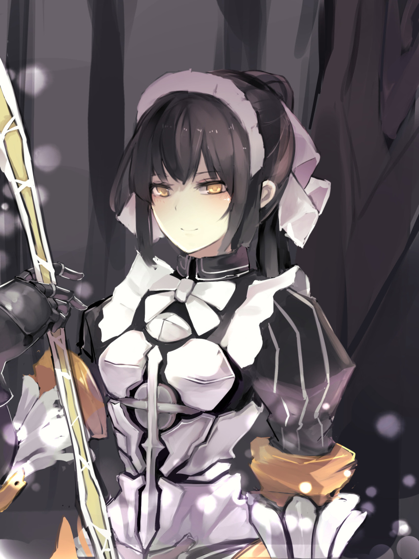 black_hair bow bowtie eyebrows_visible_through_hair gauntlets hair_bow highres holding long_hair looking_at_viewer maid maid_headdress narberal_gamma overlord_(maruyama) ponytail shiny shiny_hair smile solo upper_body white_bow yellow_eyes yu_kitsune