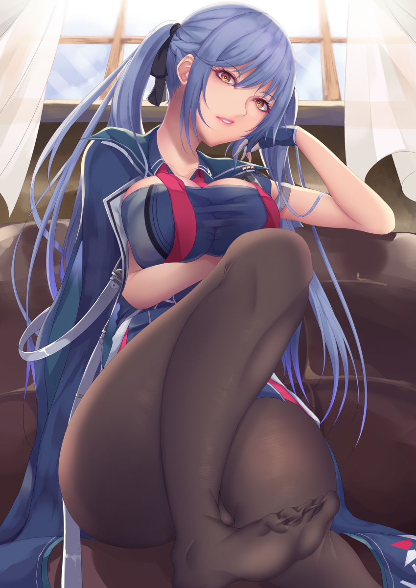 arm_under_breasts ass azur_lane bangs black_legwear black_ribbon blue_cloak blue_hair braid breasts collarbone commentary_request couch curtains dress elbow_rest essex_(azur_lane) eyebrows_visible_through_hair gloves hair_ribbon head_tilt highres indoors jacket knee_up large_breasts long_hair looking_at_viewer necktie no_shoes pantyhose parted_lips pink_lips purple_hair red_neckwear ribbon shiro_usagi sidelocks sitting solo taut_clothes twintails window yellow_eyes