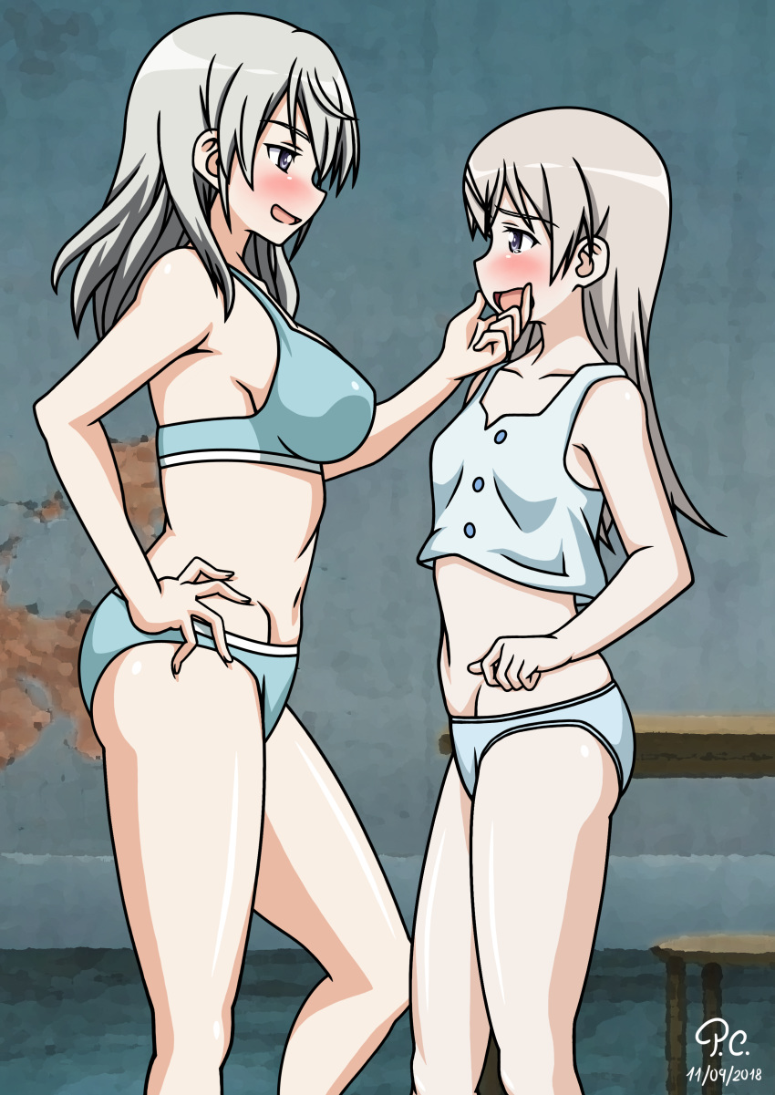 absurdres age_difference aurora_e_juutilainen benji_29 blue_bra blue_eyes blue_panties blush bra breasts eila_ilmatar_juutilainen groin height_difference highres incest large_breasts looking_at_another multiple_girls navel panties siblings sisters small_breasts smile strike_witches tears underwear white_hair white_panties world_witches_series yuri