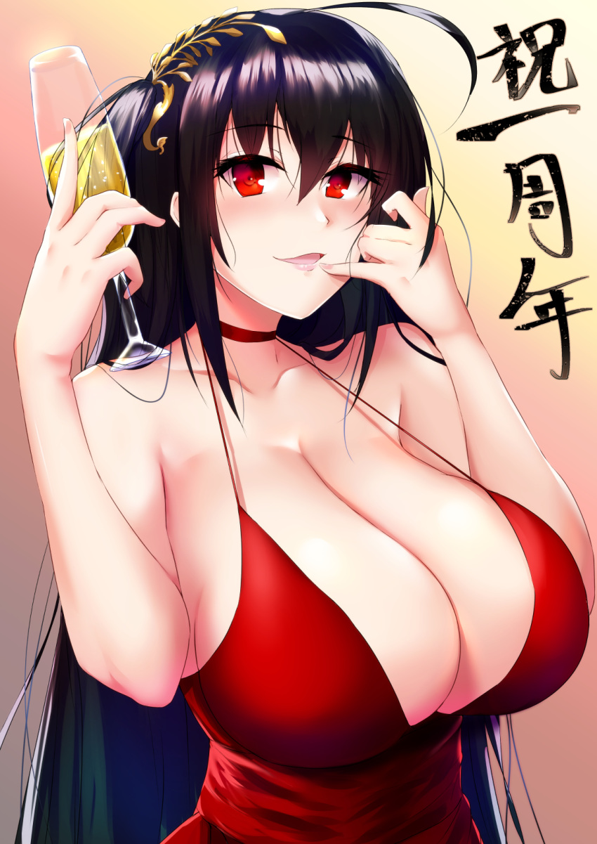 ahoge alcohol azur_lane bangs bare_shoulders black_hair blush breasts champagne champagne_flute choker cleavage cocktail_dress collarbone cup dress drinking_glass eyebrows_visible_through_hair finger_to_mouth hair_between_eyes halter_dress highres holding huge_breasts ibara_azuki long_hair looking_at_viewer open_mouth red_choker red_dress red_eyes smile solo strap_gap taihou_(azur_lane) two_side_up underbust upper_body very_long_hair