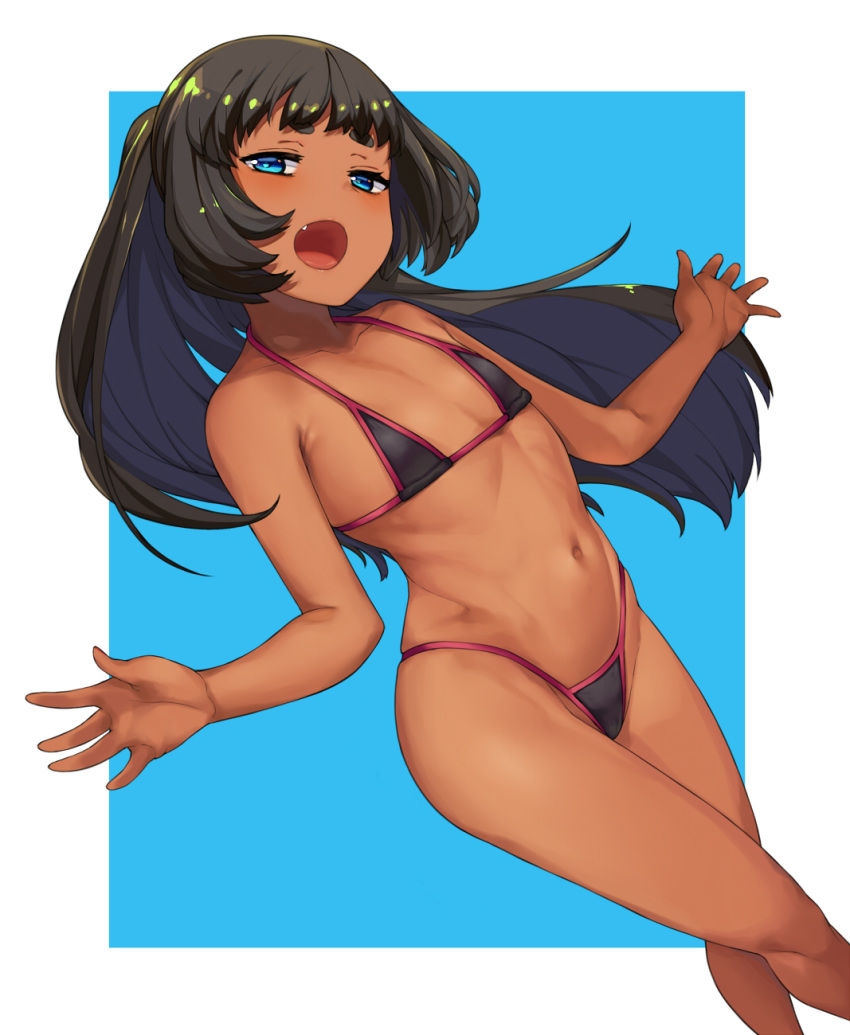 bikini black_bikini black_hair blue_eyes bright_pupils commentary_request dark_skin dutch_angle fang flat_chest hai_ookami halterneck head_tilt highleg highleg_bikini highres long_hair looking_at_viewer navel open_mouth original outside_border outstretched_arms outstretched_hand ponytail simple_background solo string_bikini swimsuit thick_eyebrows very_long_hair
