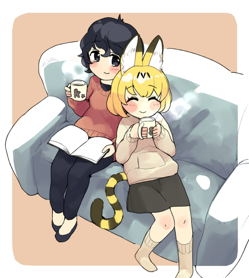 alternate_costume animal_ears black_hair blonde_hair blue_eyes blush book casual closed_eyes commentary_request contemporary couch cuddling cup eyebrows_visible_through_hair flats highres holding holding_cup hood hoodie initsukkii kaban_(kemono_friends) kemono_friends long_sleeves mug multicolored_hair multiple_girls pants serval_(kemono_friends) serval_ears serval_print serval_tail short_hair sitting skirt smile socks sweater tail