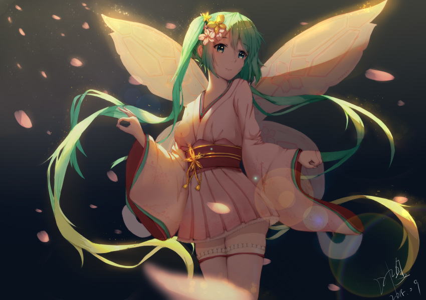 absurdres alternate_costume blonde_hair butterfly_hair_ornament butterfly_wings cherry_blossoms eyebrows_visible_through_hair floating_hair flower gradient_hair green_eyes green_hair hair_between_eyes hair_flower hair_ornament hatsune_miku highres japanese_clothes kimono lens_flare long_hair miniskirt multicolored_hair obi pink_kimono pink_legwear pink_shirt pink_skirt sash shirt skirt smile solo standing thighhighs twintails two-tone_hair user_cxmk7438 very_long_hair vocaloid white_flower wings