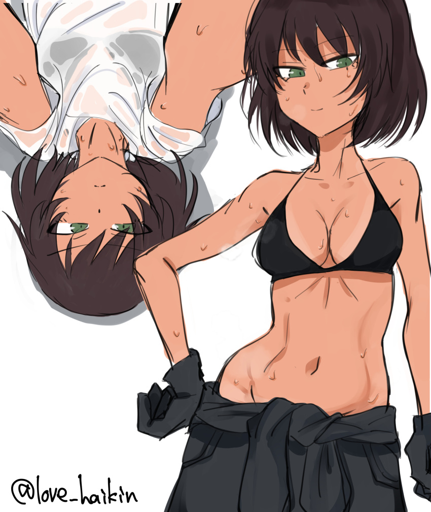 absurdres bangs black_bikini_top black_gloves black_pants breasts brown_hair cleavage closed_mouth clothes_around_waist commentary dark_skin eyebrows_visible_through_hair from_above girls_und_panzer gloves green_eyes half-closed_eyes highres hoshino_(girls_und_panzer) looking_at_viewer lying mechanic medium_breasts multiple_views navel on_back pants shirt short_hair simple_background sketch smile standing sweat tied_shirt toku_(yhpv8752) twitter_username upper_body white_background white_shirt