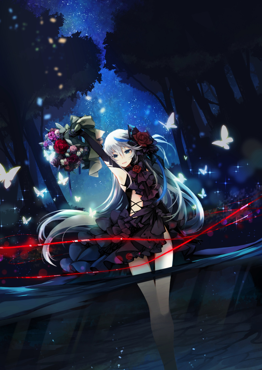 absurdres blue_eyes blurry bouquet bug butterfly depth_of_field dress feet_out_of_frame flower hair_flower hair_ornament highres insect long_hair mikoto_kei nature night open_mouth original rose silver_hair sky smile solo sparkle standing star_(sky) starry_sky tree wading water
