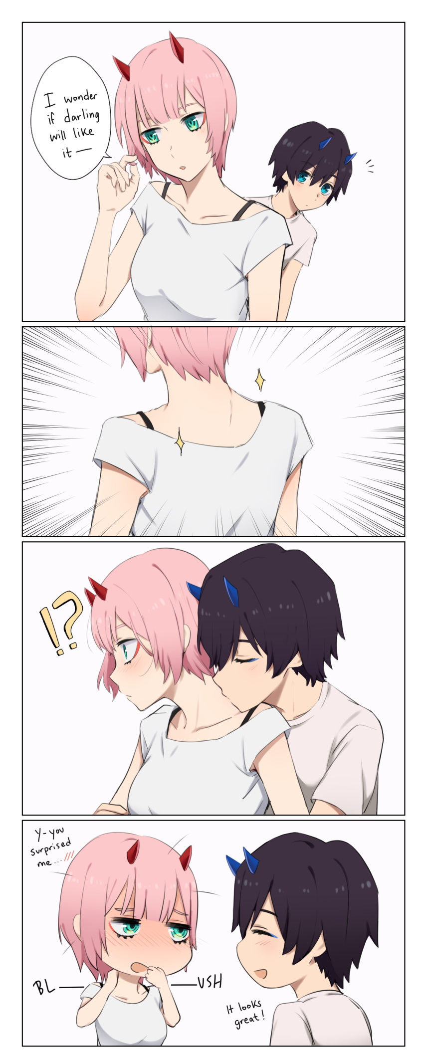 !? 1boy 1girl alternate_hair_length alternate_hairstyle bangs beige_shirt black_hair blue_eyes blue_horns blush bra_strap breasts collarbone colored comic commentary couple darling_in_the_franxx english english_commentary eyes_closed from_behind green_eyes hand_in_hair hand_on_another's_arm hand_on_own_neck hand_to_own_mouth hand_up hetero highres hiro_(darling_in_the_franxx) horns hug hug_from_behind k_016002 looking_at_another medium_breasts nape off_shoulder oni_horns pink_hair red_horns shirt short_hair speech_bubble upper_body white_shirt zero_two_(darling_in_the_franxx)
