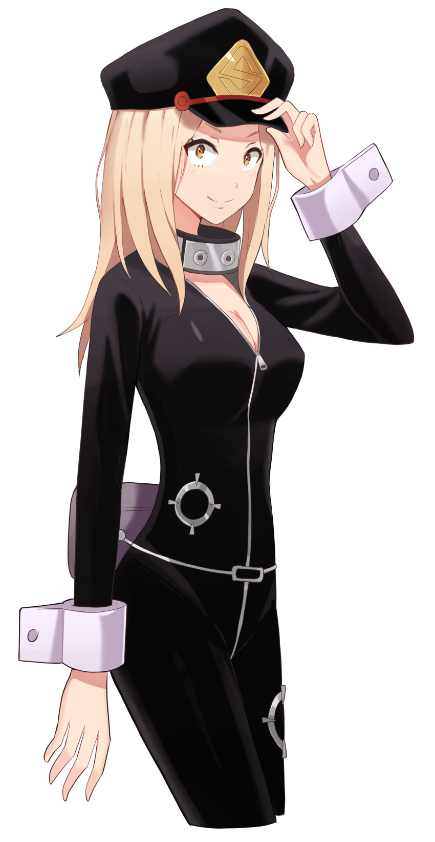 absurdres black_bodysuit black_hat blonde_hair bodysuit boku_no_hero_academia breasts brown_eyes cleavage cropped_legs hat highres kenkaizar large_breasts long_hair looking_at_viewer partially_unzipped simple_background smile solo standing utsushimi_kemii white_background