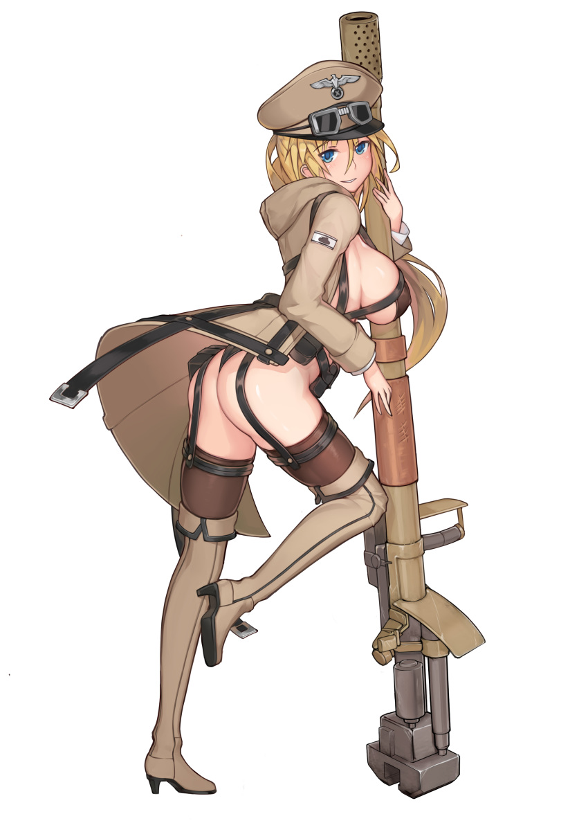 ass belt bikini black_bikini black_legwear blonde_hair blue_eyes blush boots breasts brown_coat brown_footwear brown_hat cannon chinese_commentary coat commentary_request covered_nipples eyebrows_visible_through_hair from_side full_body garter_straps goggles goggles_on_headwear hair_between_eyes hat high_heel_boots high_heels highres hooded_coat large_breasts long_hair long_sleeves looking_back military_hat nib_pen_(medium) open_clothes open_coat panzer_waltz parted_lips peaked_cap personification pouch revealing_clothes simple_background smile standing standing_on_one_leg stmaster swimsuit tally thigh_boots thigh_strap thighhighs thighhighs_under_boots traditional_media very_long_hair weapon white_background